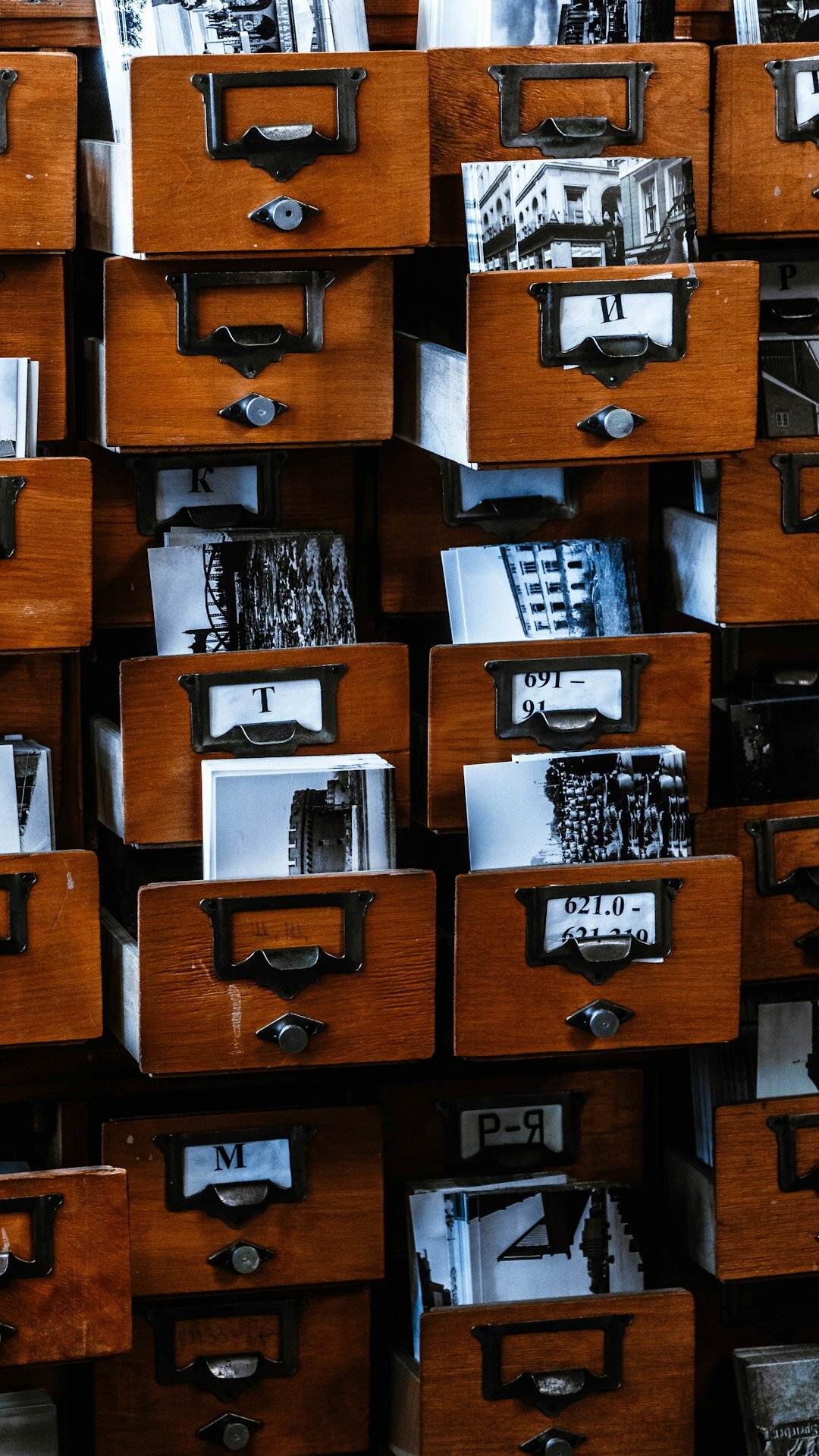 Wooden archive cabinet filled with labeled dossier folders and photographs